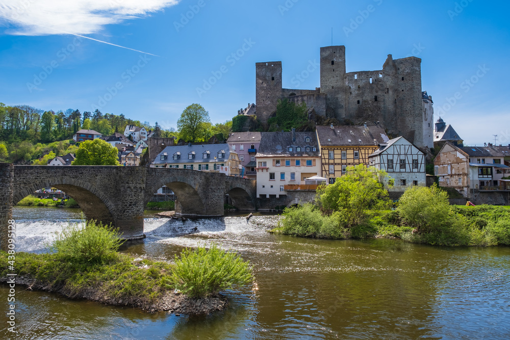 View towards the castle of Runkel an der Lahn / Germany and the old stone bridge 