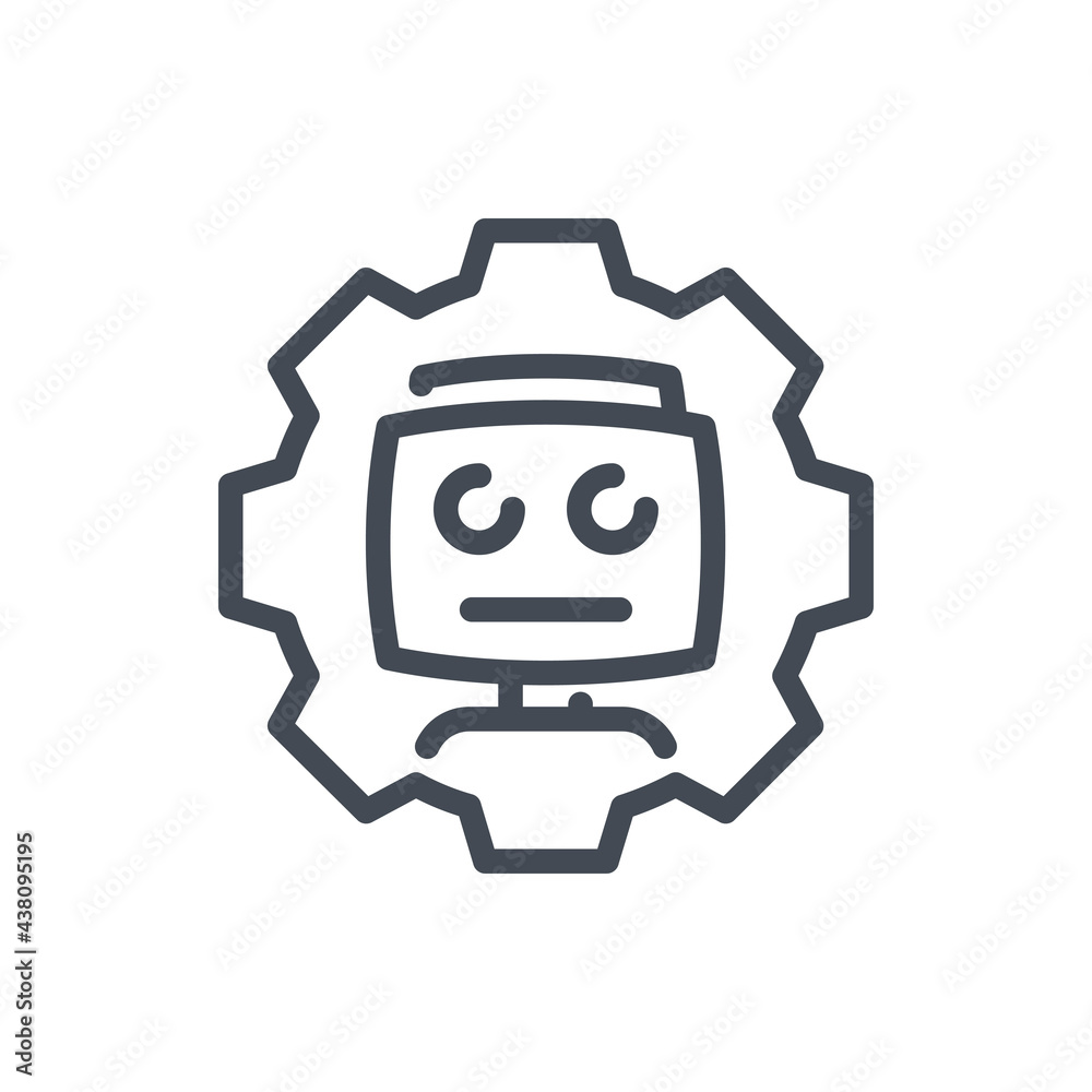 Robot with cogwheel line icon. Settings and control of robot and bot vector outline sign. Robot with cogwheel line icon. Settings and control of robot and bot vector outline sign.