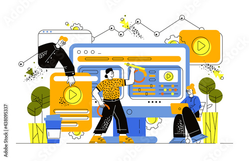 People are promoting a business. IT managers integrate technology into business operations. The development team carries out the software integration. A woman stands near a large monitor.