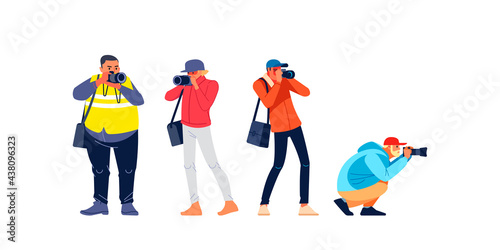 Photographers or paparazzi taking photo. Photojournalist, cameraman documenting war and conflict, street riots. Characters Journalist reporters making pictures. Cartoon flat style vector illustration photo