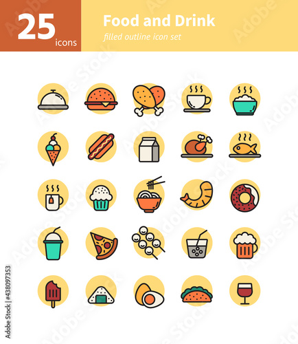 Food and drink filled outline icon set. Vector and Illustration.