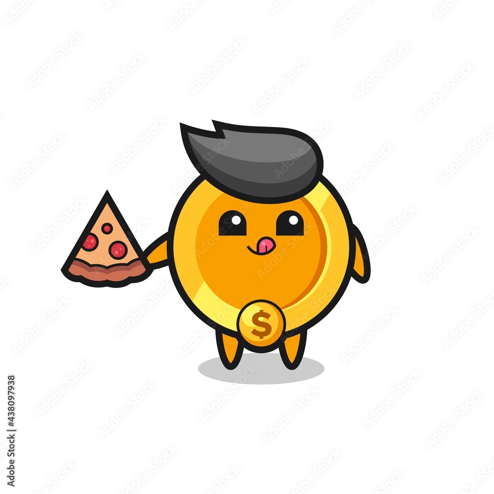 cute dollar currency coin cartoon eating pizza