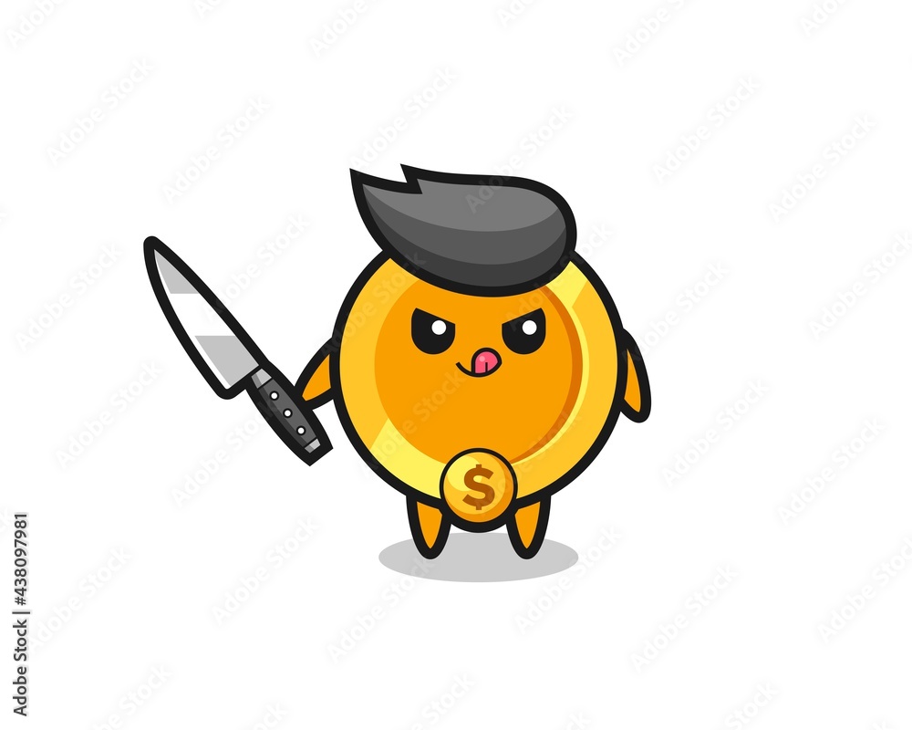 cute dollar currency coin mascot as a psychopath holding a knife