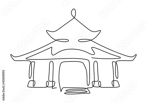 Continuous one line of traditional asian building. Classic home in single line isolated on white background.