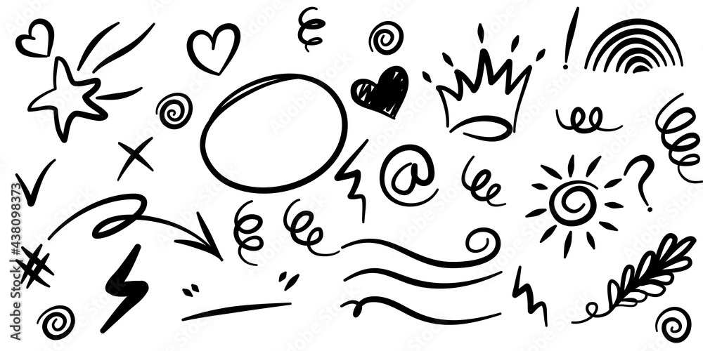 hand drawn set of curly swishes, swashes, swoops. Abstract arrows,  Arrow, heart, love, star, leaf, sun, light, crown, king, queen, on doodle style for concept design. vector illustration.