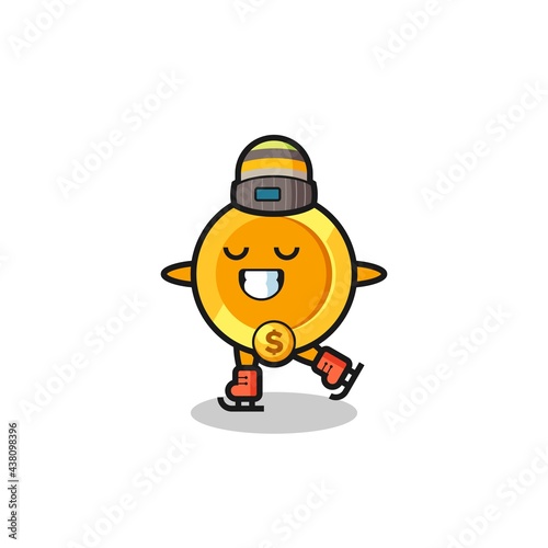 dollar currency coin cartoon as an ice skating player doing perform