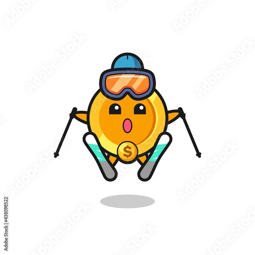 dollar currency coin mascot character as a ski player
