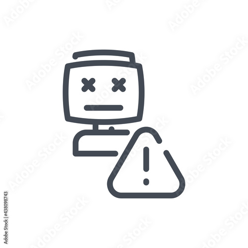 Robot with error line icon. Problem with connection to artificial intelligence vector outline sign.