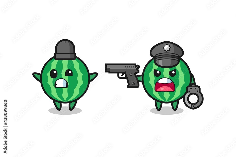 illustration of watermelon robber with hands up pose caught by police