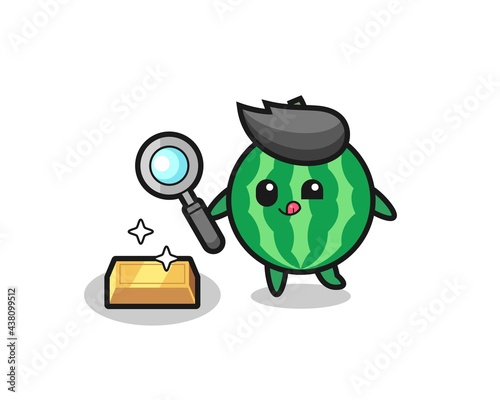 watermelon character is checking the authenticity of the gold bullion