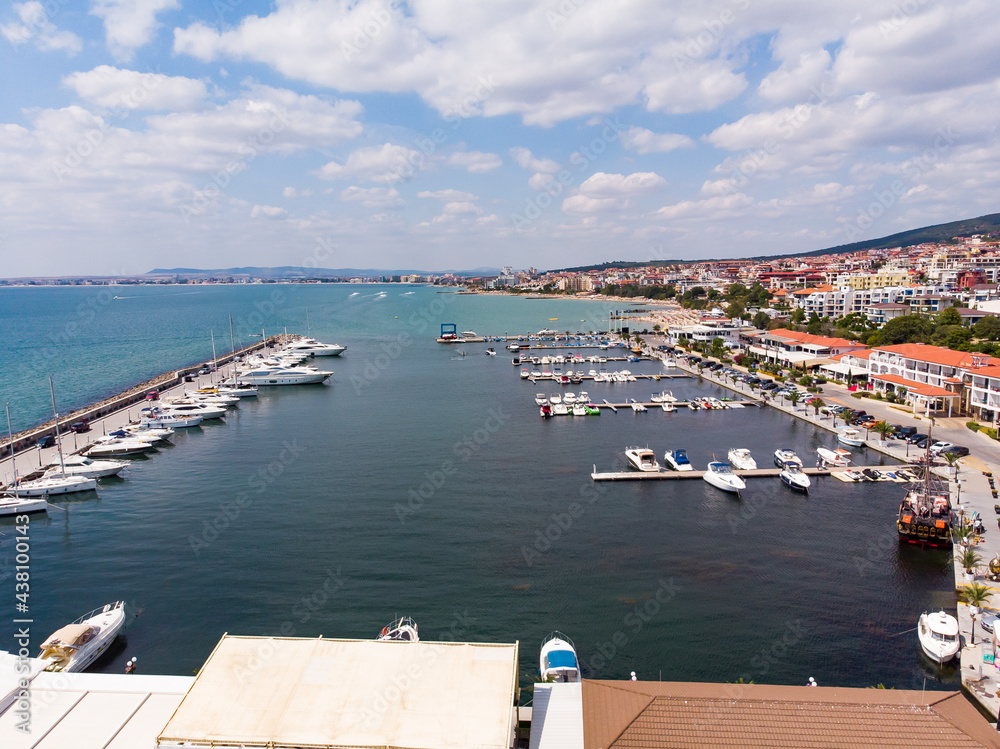 Sea port marina of Sveti Vlas in Bulgaria. Aerial photography, drone view. Summer holidays in Europe during quarantine.