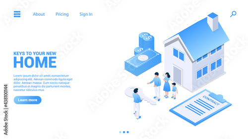 The concept of purchasing a home for a family.The realtor hands over the keys to the new house.Landing page or web banner template.Vector illustration in isometric style. Isolated on white background.