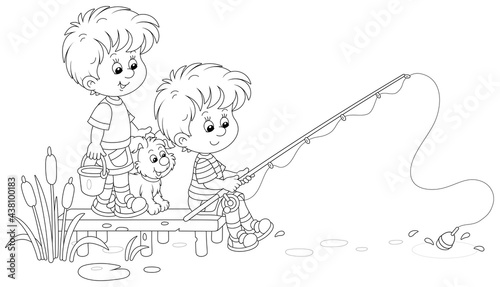 Cheerful little boys fishing on a small pond in countryside, together with their merry pup, on summer vacation, black and white outline vector cartoon illustration for a coloring book page