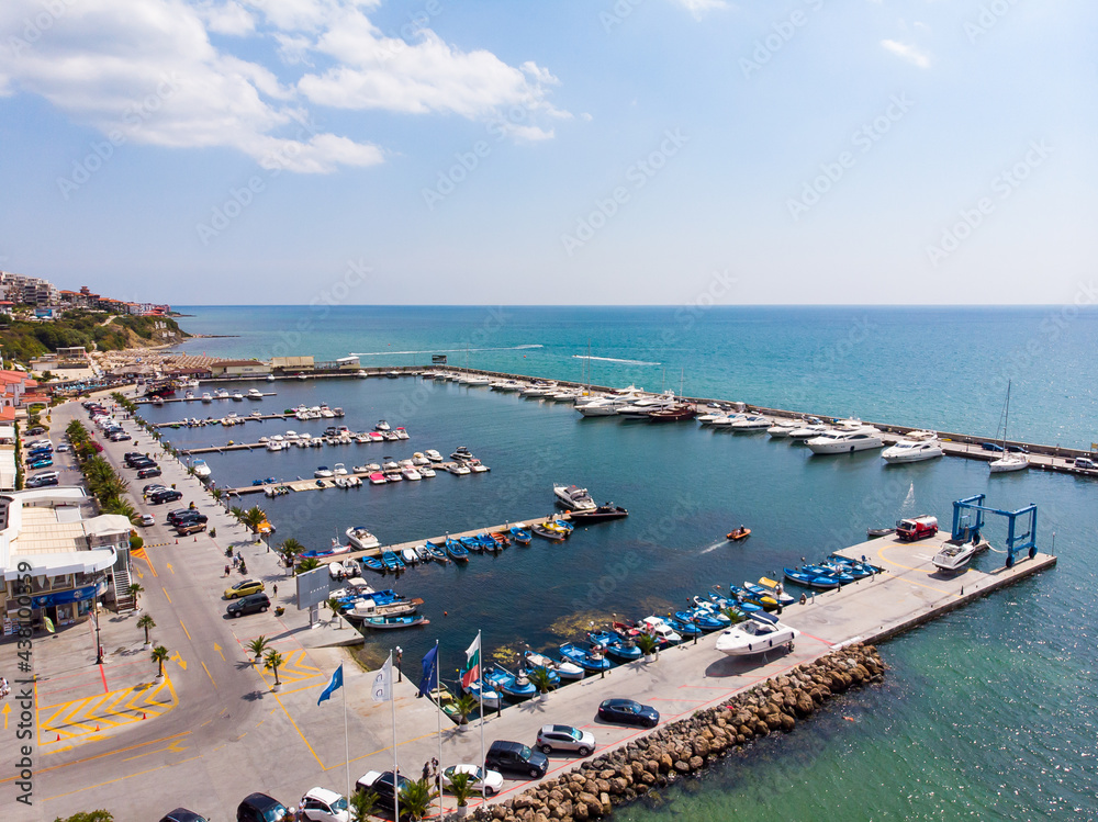 Summer holidays in Europe during quarantine. Panoramic aerial view of the sea port of Sveti Vlas in Bulgaria. Aerial photography, drone view.