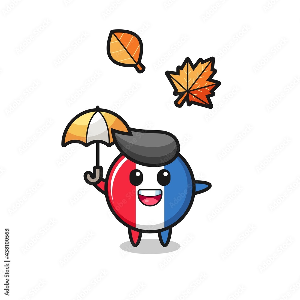 Fototapeta premium cartoon of the cute france flag badge holding an umbrella in autumn