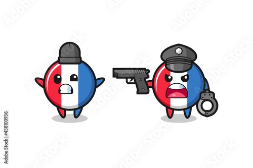 illustration of france flag badge robber with hands up pose caught by police