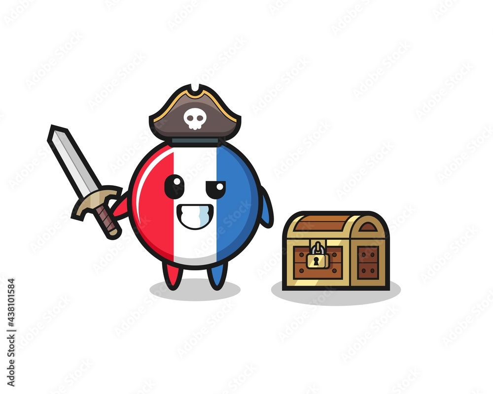 the france flag badge pirate character holding sword beside a treasure box