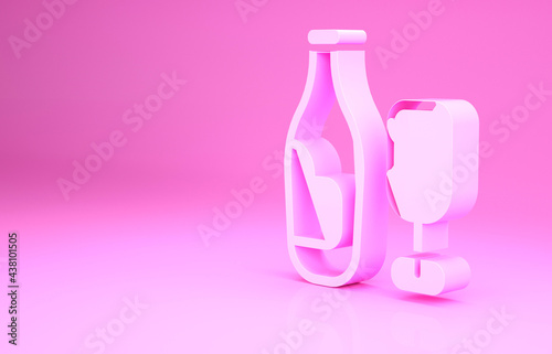 Pink Wine bottle with glass icon isolated on pink background. Minimalism concept. 3d illustration 3D render