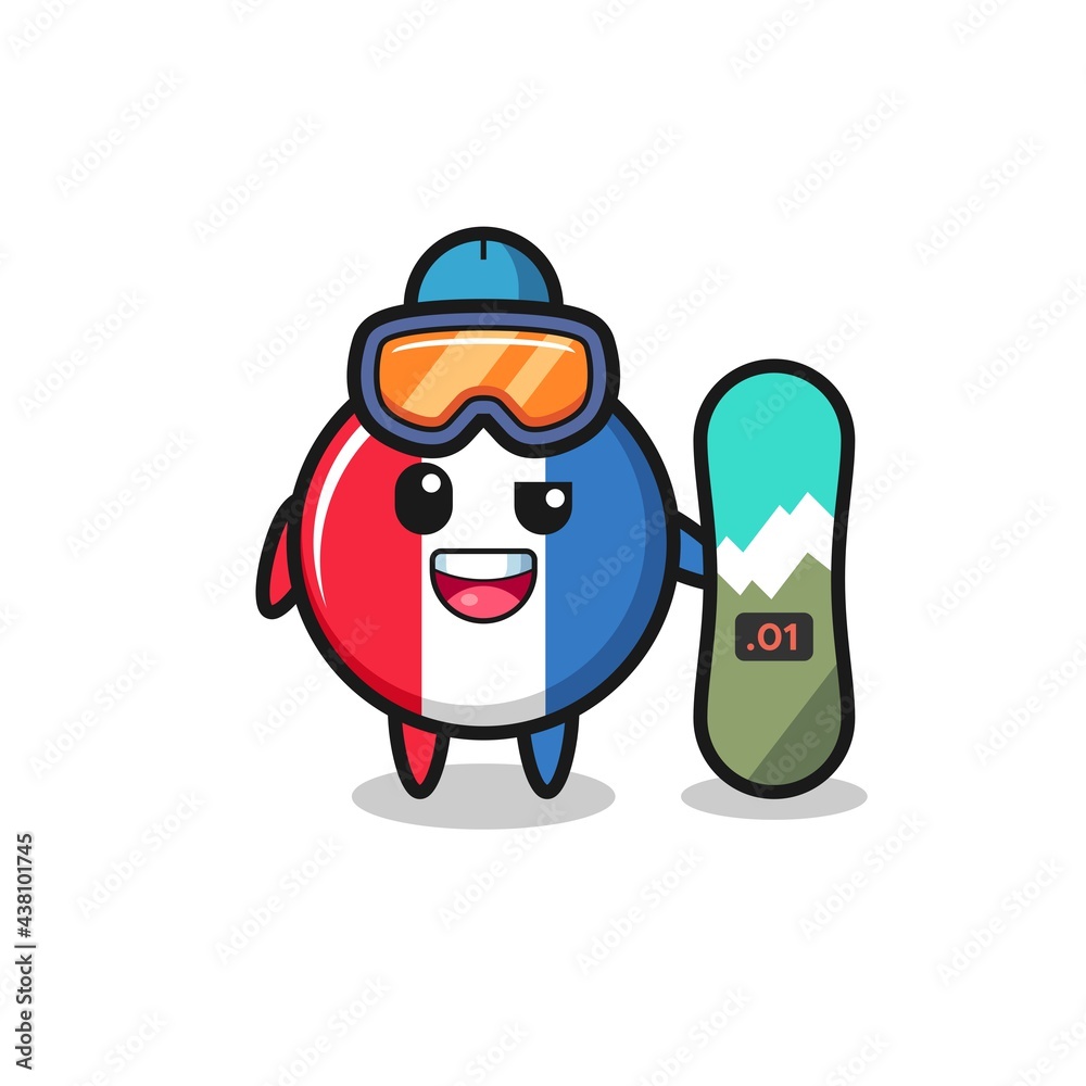 Illustration of france flag badge character with snowboarding style