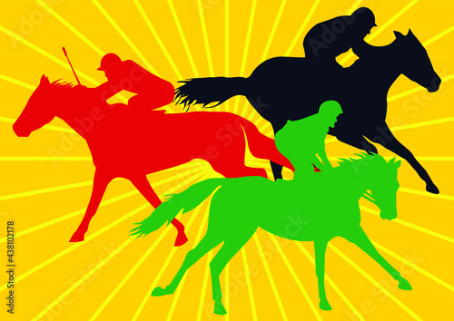 3 racing horses in action with jockeys, drawings of in colorful silhouettes with background of yellow sun rays