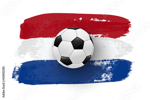 Realistic soccer ball on flag of Nederland made of brush strokes. Vector football design element.