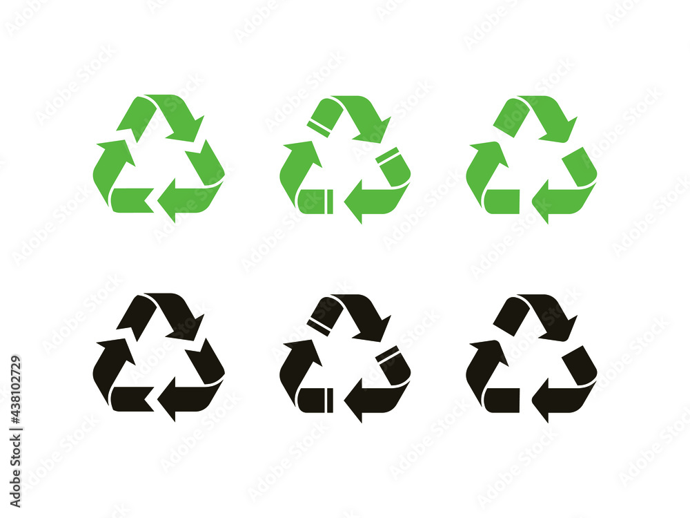 Recycle icon set. Green and black vector illustration. Isolated recycling symbols on white background. Recycle icon set. Green and black vector illustration. Isolated recycling symbols on white background.