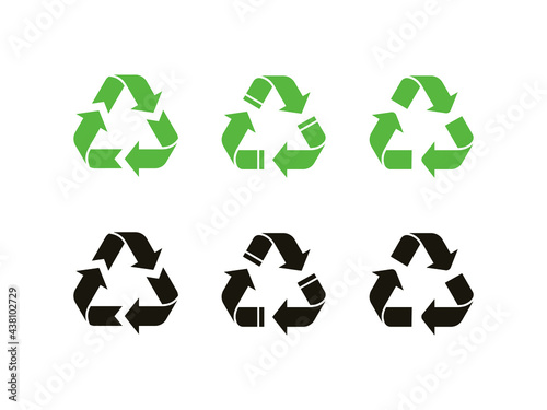 Recycle icon set. Green and black vector illustration. Isolated recycling symbols on white background.