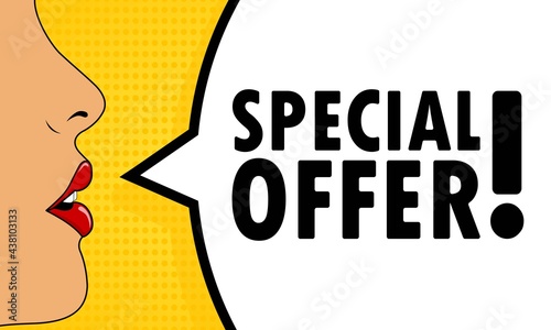 Special offer. Female mouth with red lipstick screaming. Speech bubble with text Special offer. Can be used for business, marketing and advertising. Vector EPS 10