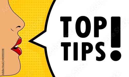 Top tips. Female mouth with red lipstick screaming. Speech bubble with text Top tips. Can be used for business, marketing and advertising. Vector EPS 10