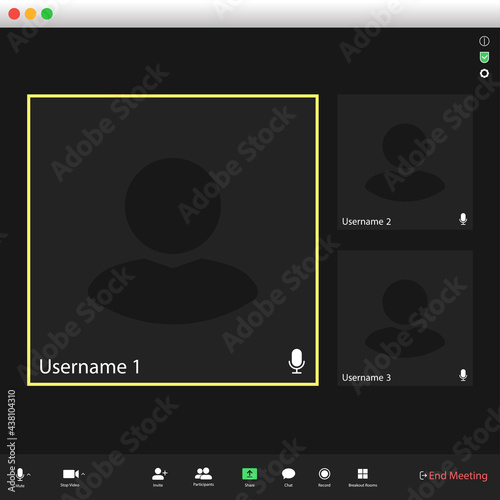 Video conferencing user interface. Video call screen interface template. Application for social communication. Video conferencing window overlay. three user.