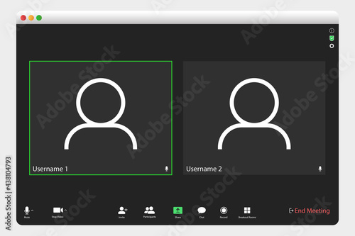 Video conferencing user interface. Video call screen interface template. Application for social communication. Video conferencing window overlay. two user.