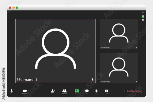 Video conferencing user interface. Video call screen interface template. Application for social communication. Video conferencing window overlay. three user.
