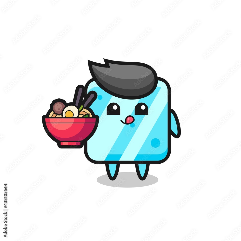 cute ice cube character eating noodles