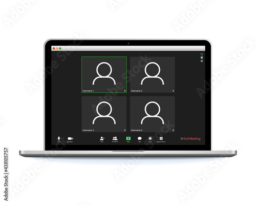 Video conference user interface, great design for any purposes. Online business webinar chat. Digital user interface. Video call screen template. Computer screen. Incoming call. Laptop screen.