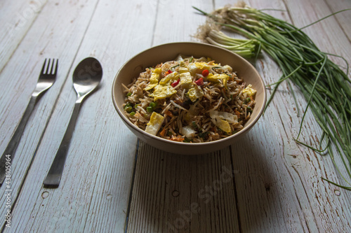 Chinese cuisine fried rice in a bowl. Close up. photo