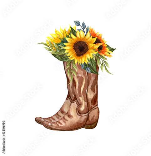 Watercolor Flowers in boots. Cowboy boot and sunflowers. Farmhouse rustic clipart isolated on white background.