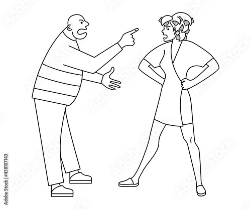 Wife screams at husband. Man and woman argue. Male and female swear. Negative emotions. Home conflict. Domestic violence. Contour drawing on an isolated white background.