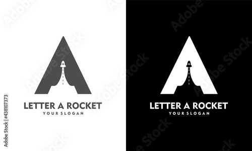Ilustration vector graphic of Letter A template logo with rocket launch symbol. Negative space design trends.