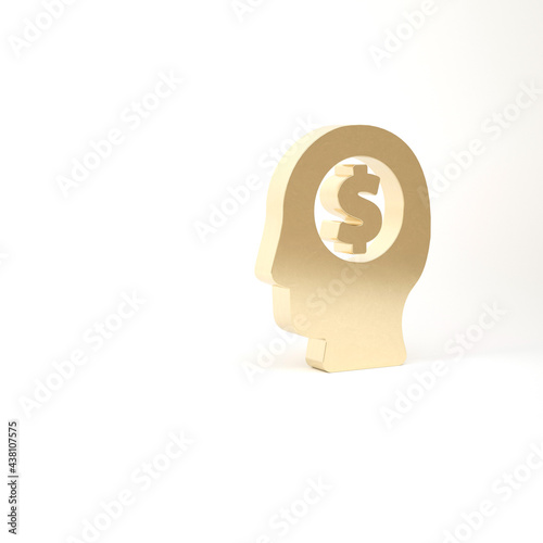 Gold Business man planning mind icon isolated on white background. Human head with dollar. Idea to earn money. Business investment growth. 3d illustration 3D render