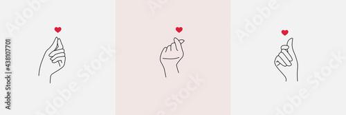 Female hand making fingers gesture small red heart. Asian sign of love, Korean symbol mini heart. Vector illustration of a love symbol in a minimalist linear trend style photo