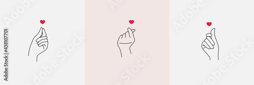 Female hand making fingers gesture small red heart. Asian sign of love, Korean symbol mini heart. Vector illustration of a love symbol in a minimalist linear trend style