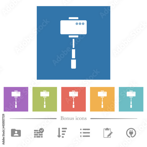 Smartphone on selfie stick back view flat white icons in square backgrounds