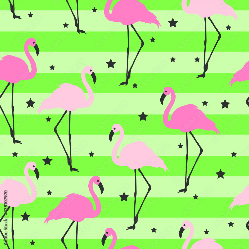 Fototapeta premium Flamingo seamless pattern on a green background. Pink flamingo vector background design for fabric and decor.