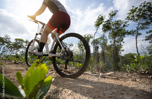 Woman cyclist cycling on mountain top forest trail