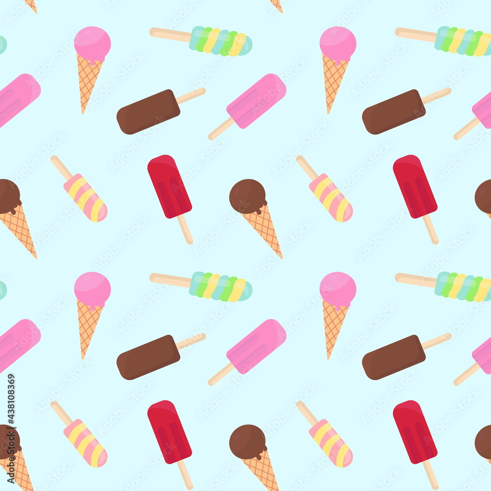 Ice cream seamless pattern. Delicious sweet desserts. Ice lolly. Abstract summer texture. Design for fabric, wallpaper, textile and decor. Ice cream seamless pattern. Delicious sweet desserts. Ice lolly. Abstract summer texture. Design for fabric, wallpaper, textile and decor.
