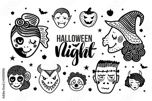 Set 10 with black and white hand drawn Halloween night characters illustrations. Vector doodle elements and lettering