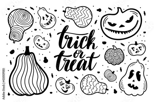 Set 8 with black and white hand drawn trick or treat Halloween illustrations. Vector doodle elements and lettering