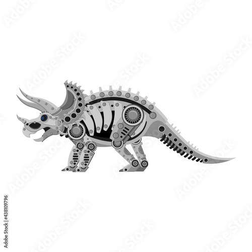 Fototapeta Naklejka Na Ścianę i Meble -  A triceratops robot in a metallic steampunk style. A cyborg dinosaur on a white background.