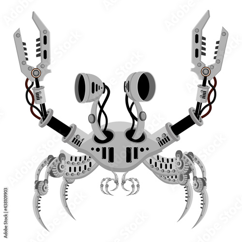 Robot crab in metal steampunk style. A crustacean cyborg on a white background.