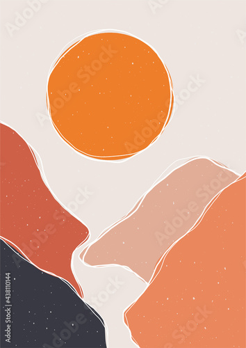 Abstract mountain landscape poster. Boho geometric nature background contemporary aesthetic. Vector art print